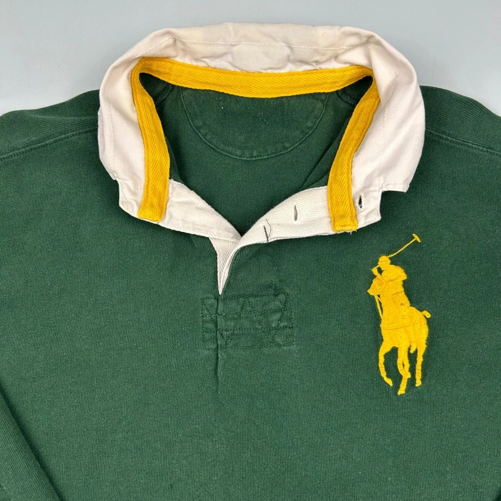 Polo Ralph Lauren Mens Big Pony Rugby Shirt Green Yellow Long Sleeve Size L